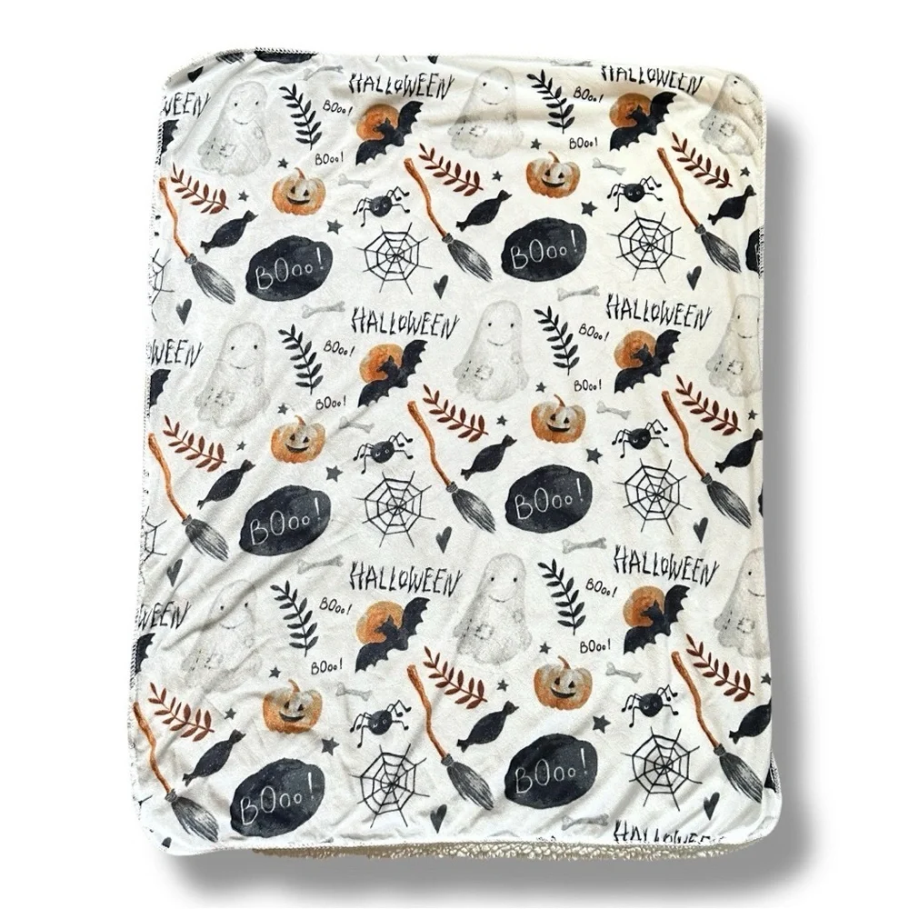 Halloween Lovey Ghost and Pumpkin White Patterned Blanket Baby Blanket Shearling